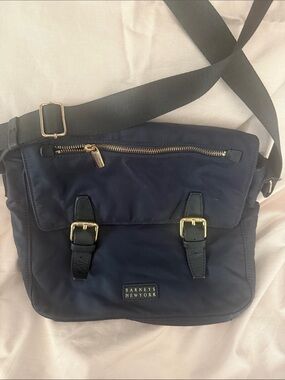 Vintage Barneys New York Navy Messenger Bag with Gold Hardware